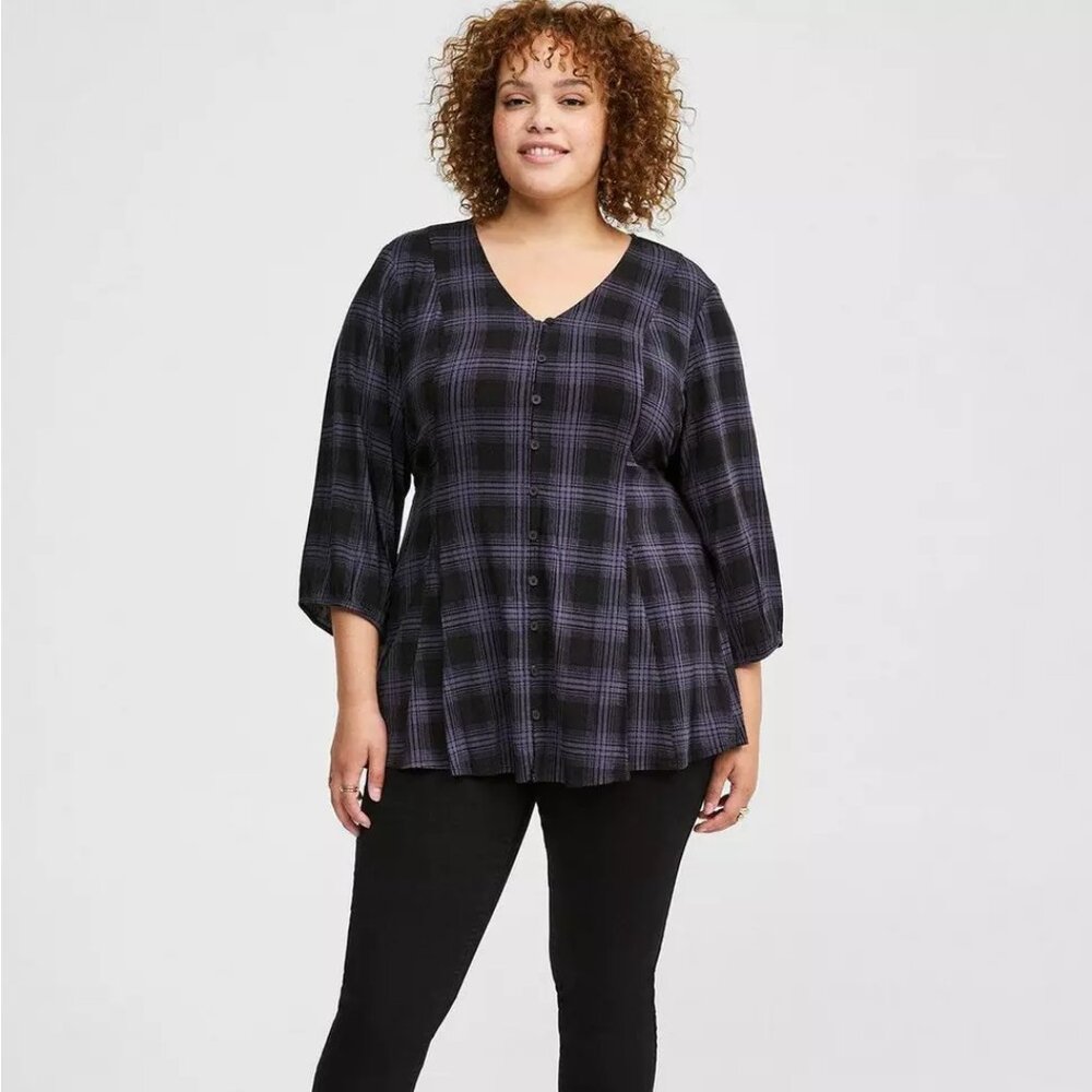 Torrid Fit and Flare Rayon Slub Button Up Top Shadow Plaid